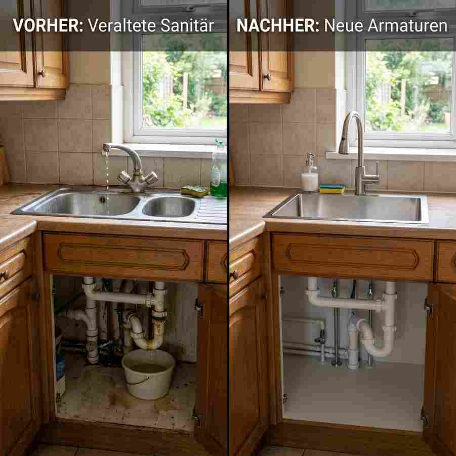 Vorher und Nachher Küchen-Sanitärinstallation mit neuen Armaturen