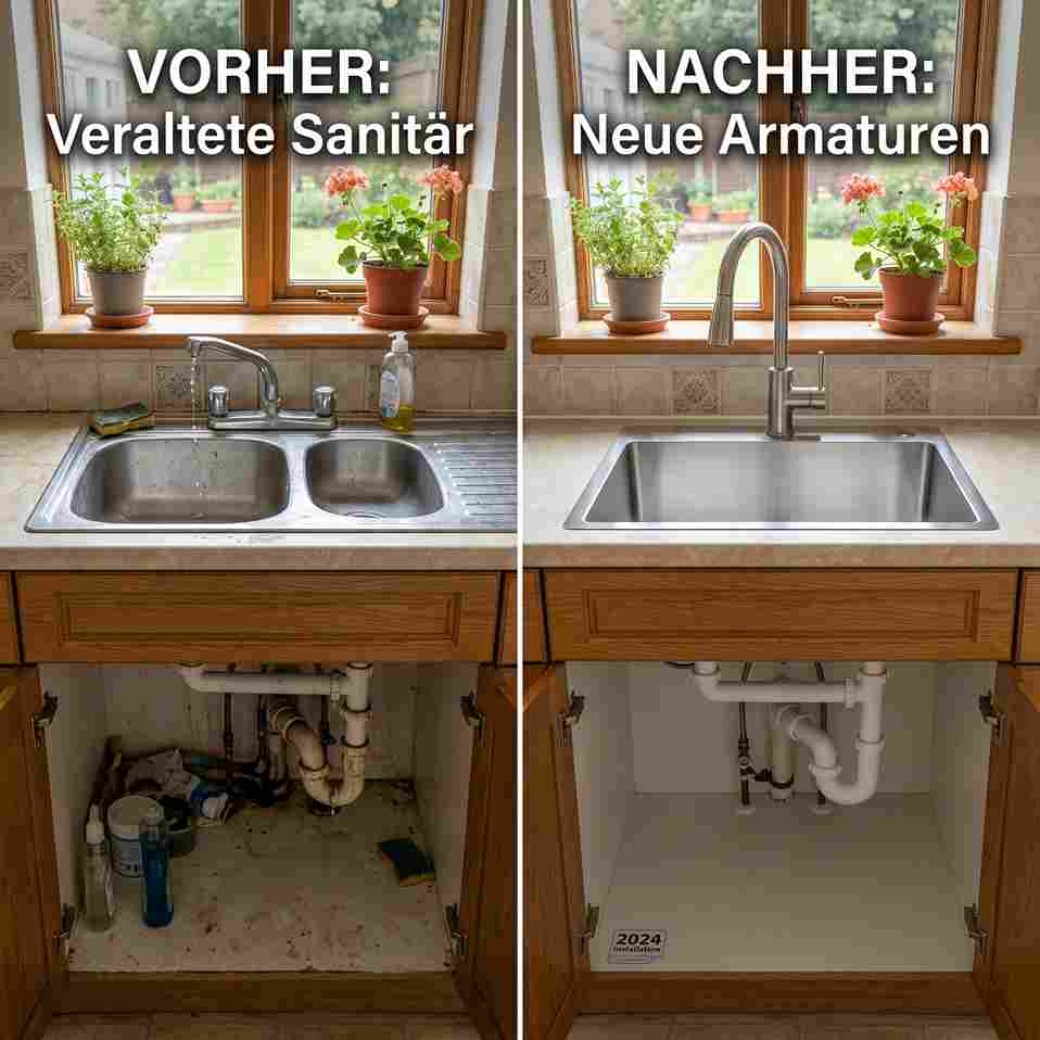 Vorher und Nachher Sanitärarbeit mit neuen Armaturen